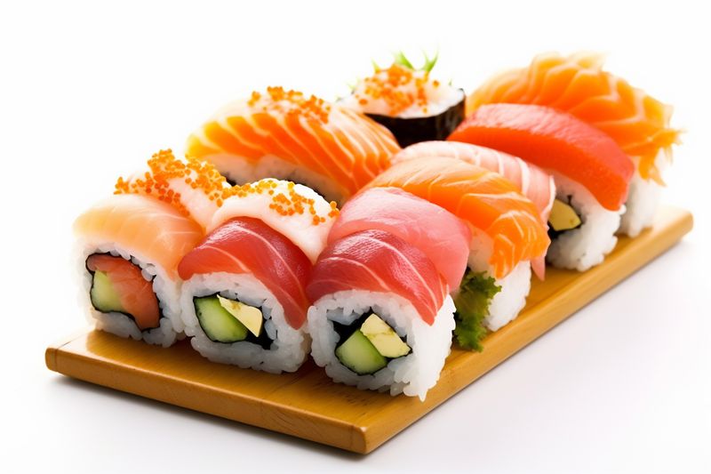 healthy background roll rice white seafood food fish set sushi japanese. Generative AI.