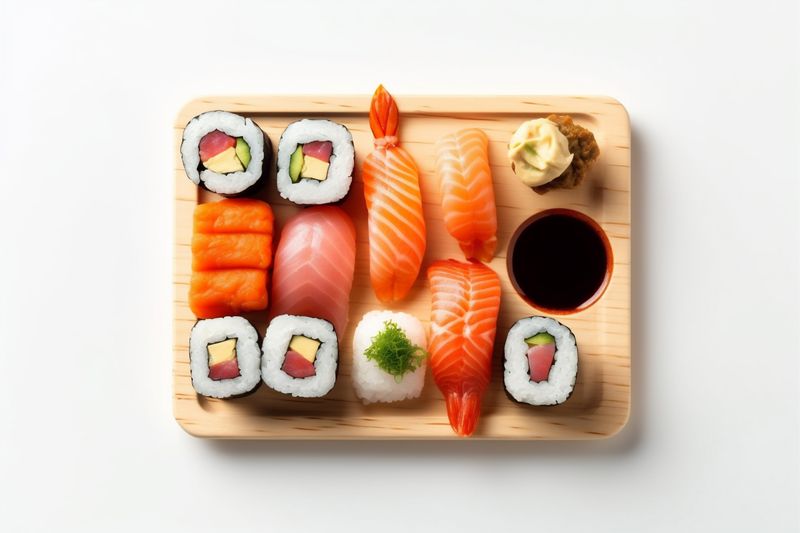 roll white food rice healthy background sushi seafood set fish japanese. Generative AI.