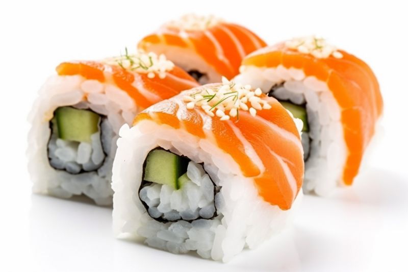 japanese set rice seafood healthy roll background sushi white food fish. Generative AI.