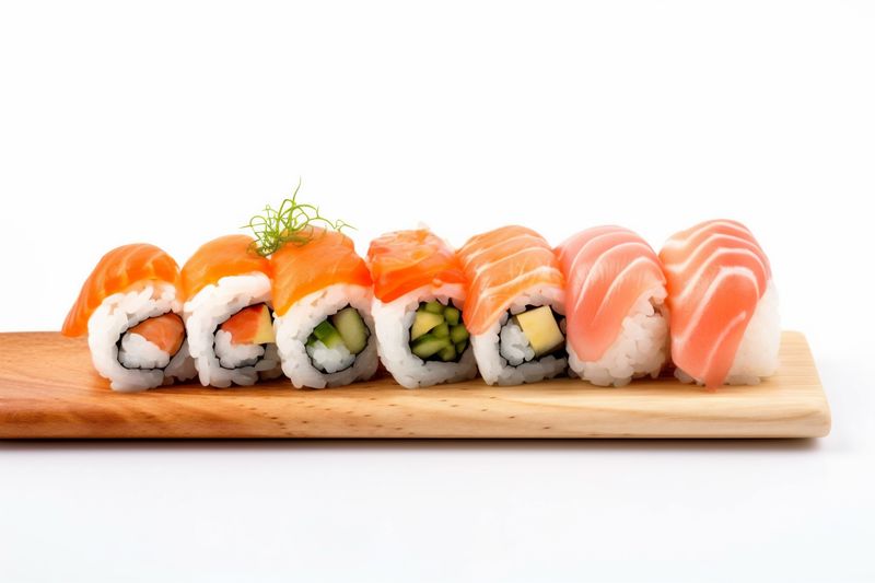 japanese fish food white healthy sushi seafood background roll rice set. Generative AI.