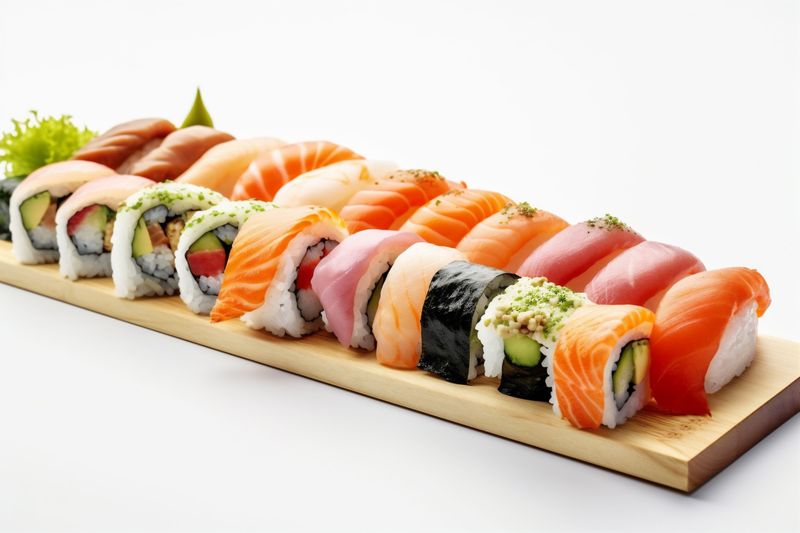 healthy rice roll food background white japanese seafood fish set sushi. Generative AI.