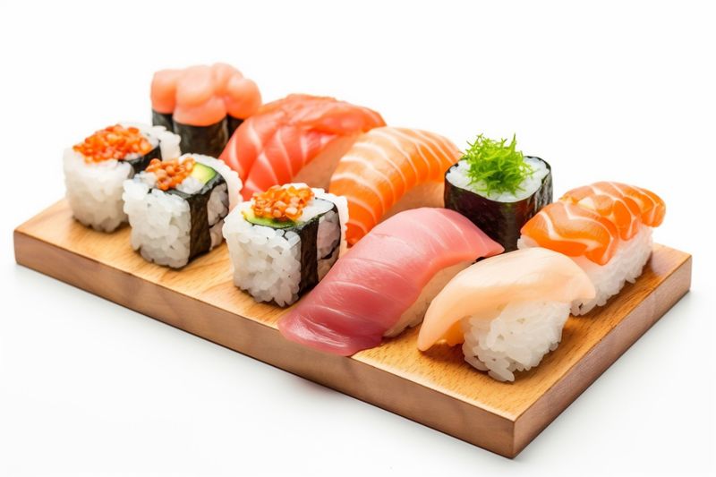 background fish rice seafood roll food set white healthy sushi japanese. Generative AI.