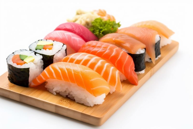 background white sushi fish japanese set rice healthy seafood food roll. Generative AI.