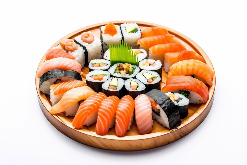 white fish food japanese roll healthy background rice sushi seafood set. Generative AI.