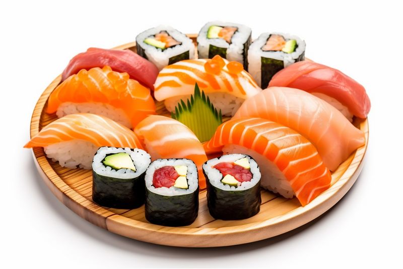 white fish rice roll japanese background seafood food set healthy sushi. Generative AI.