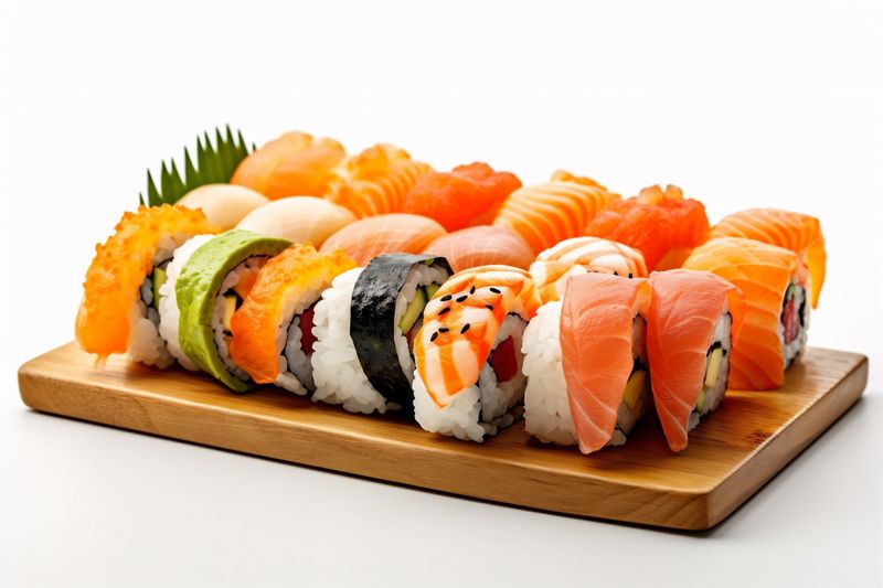 japanese background white fish healthy rice seafood roll food set sushi. Generative AI.