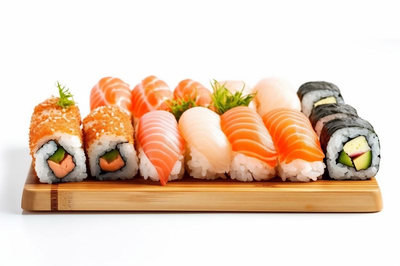 white fish japanese background roll food rice set seafood healthy sushi. Generative AI.