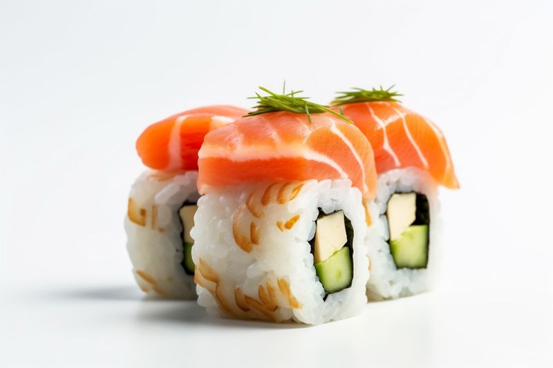 seafood sushi roll background healthy rice set fish white food japanese. Generative AI.
