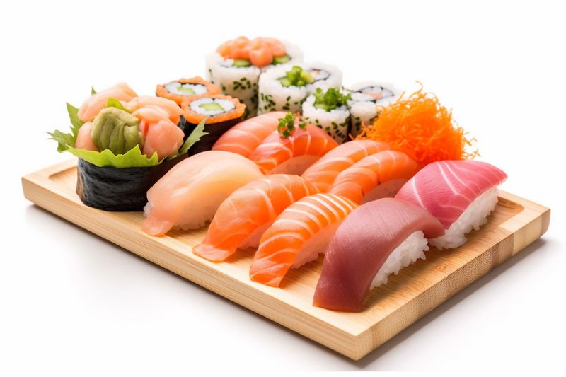 fish white sushi rice japanese roll background seafood food set healthy. Generative AI.