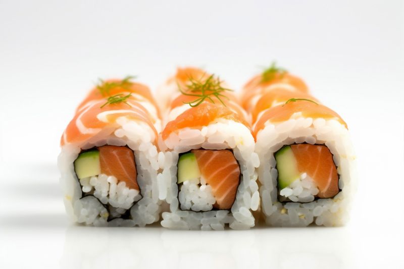 healthy seafood white background sushi japanese roll fish rice set food. Generative AI.