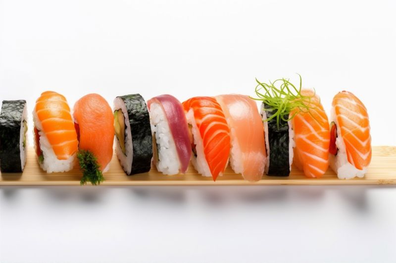 roll white healthy sushi japanese fish food seafood background rice set. Generative AI.