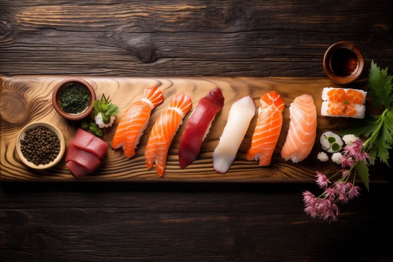 rice asian healthy fresh fish sushi food roll japanese seafood. Generative AI.