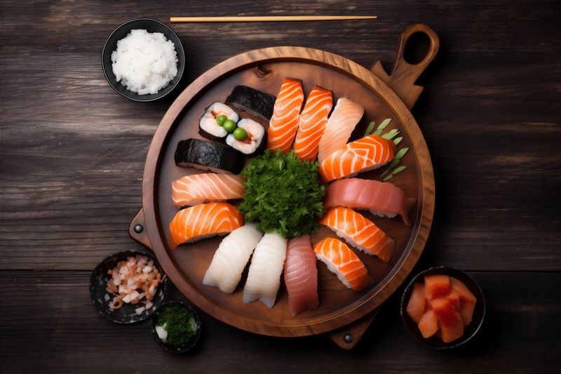 japanese fish fresh sushi rice seafood asian roll healthy food. Generative AI.