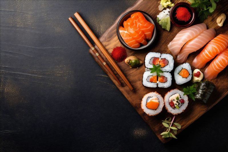 sushi fish food seafood japanese roll healthy rice asian fresh. Generative AI.