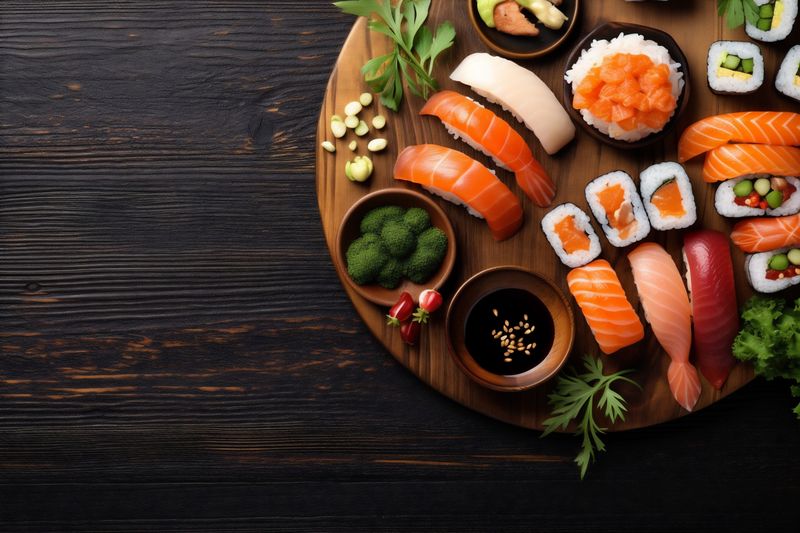 roll sushi healthy asian fish food japanese seafood rice fresh. Generative AI.