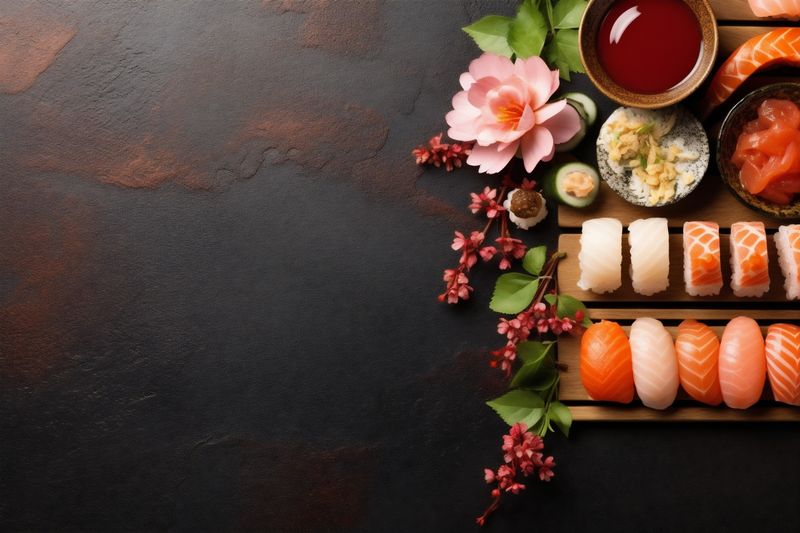 fresh rice japanese healthy fish seafood sushi asian roll food. Generative AI.