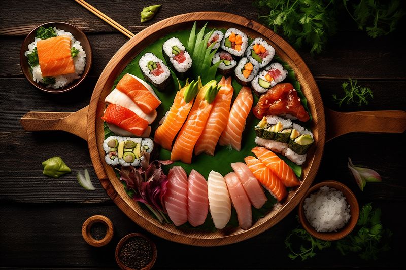 seafood healthy fish roll sushi japanese fresh asian food rice. Generative AI.