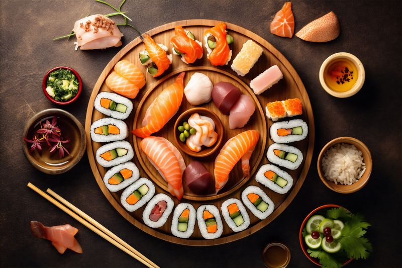 asian healthy fish fresh japanese sushi food seafood rice roll. Generative AI.