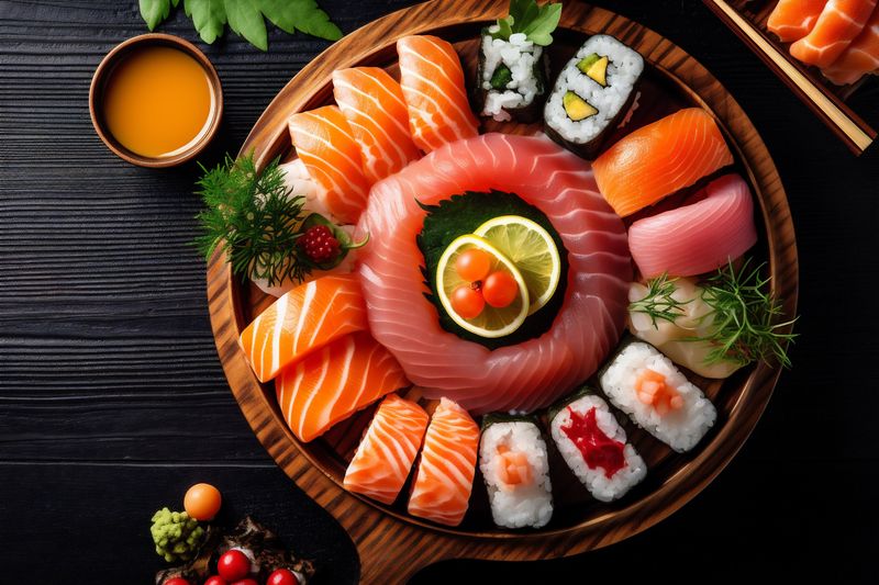 japanese seafood roll food fish fresh healthy asian sushi rice. Generative AI.