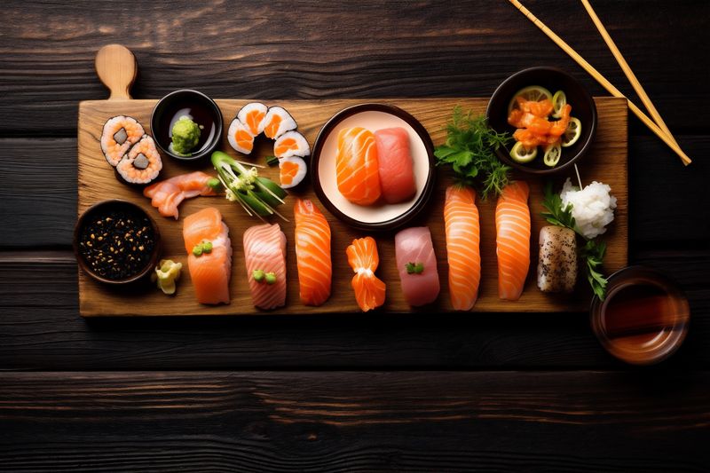 fish sushi seafood roll healthy fresh japanese rice asian food. Generative AI.