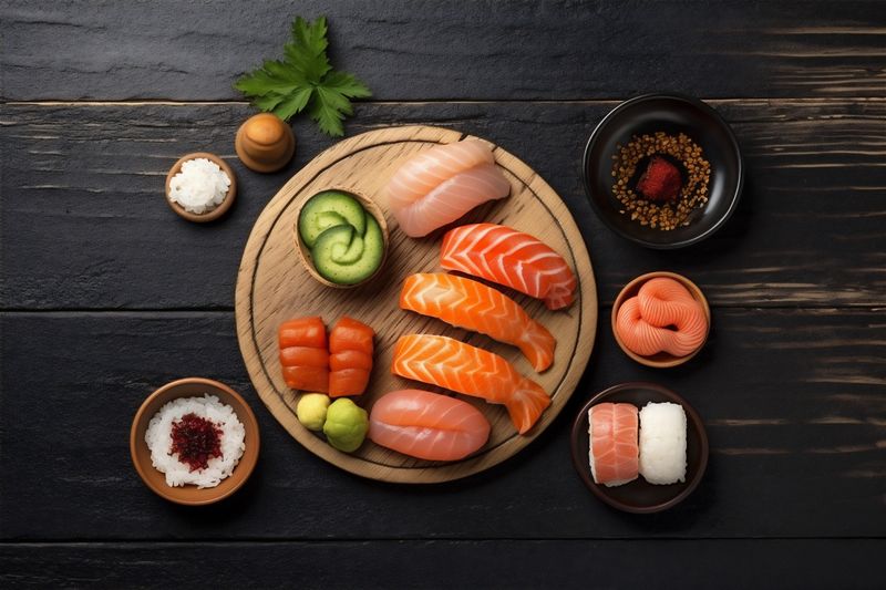 rice healthy japanese asian fish sushi food fresh roll seafood. Generative AI.