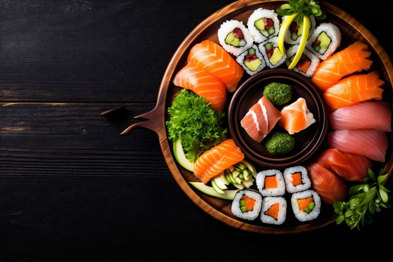 fish rice japanese seafood fresh roll healthy asian food sushi. Generative AI.