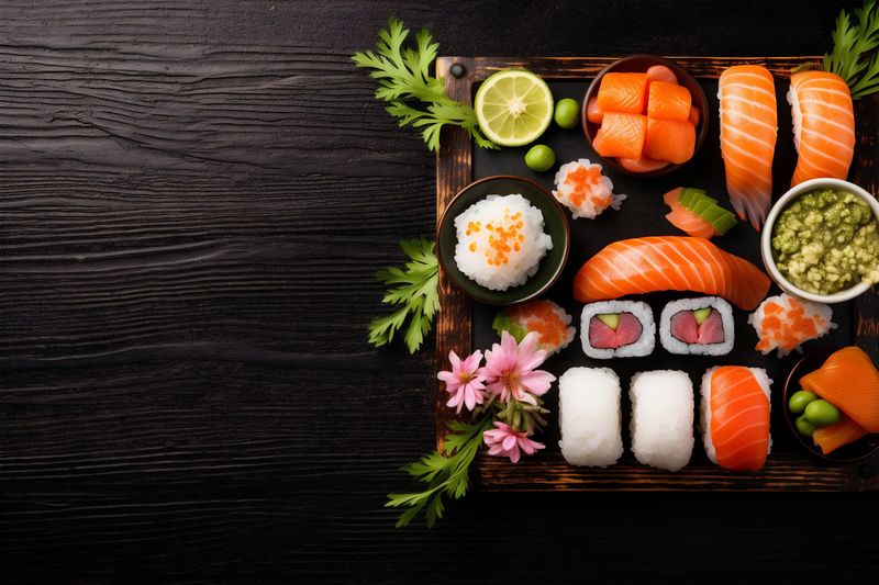 fish japanese seafood food healthy rice fresh roll asian sushi. Generative AI.