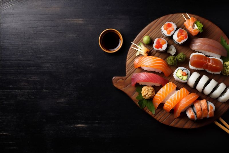 food sushi healthy asian fresh japanese seafood fish roll rice. Generative AI.