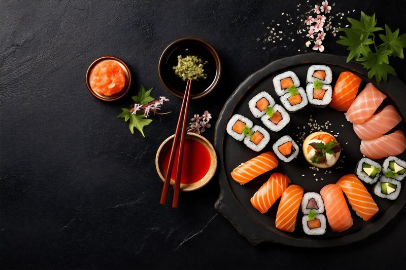 sushi rice fresh seafood fish roll healthy asian food japanese. Generative AI.