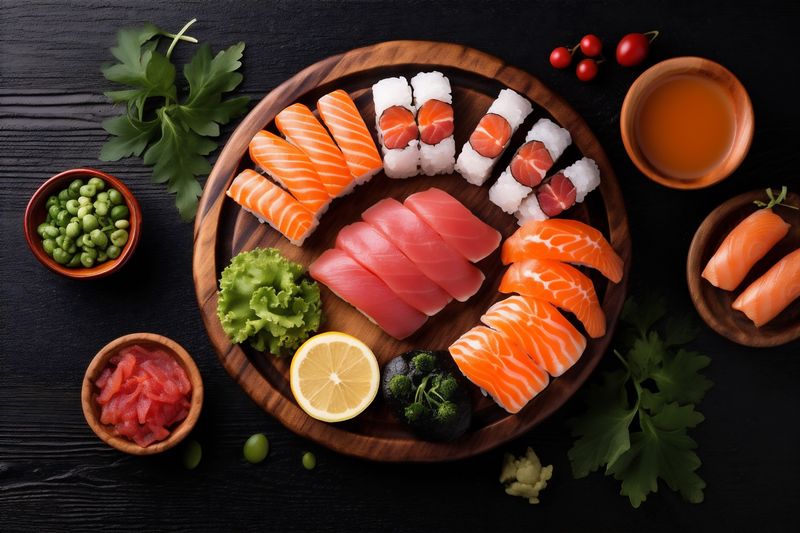 fish rice seafood food japanese sushi roll asian healthy fresh. Generative AI.