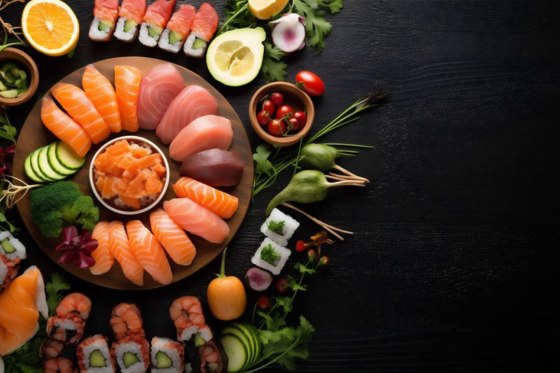 asian healthy seafood fish food roll fresh sushi rice japanese. Generative AI.