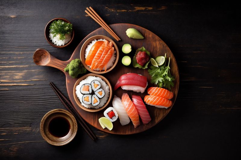 japanese healthy food roll fish sushi asian seafood fresh rice. Generative AI.