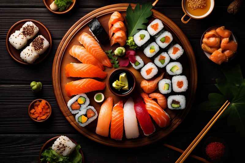 healthy fresh asian japanese rice roll sushi food fish seafood. Generative AI.