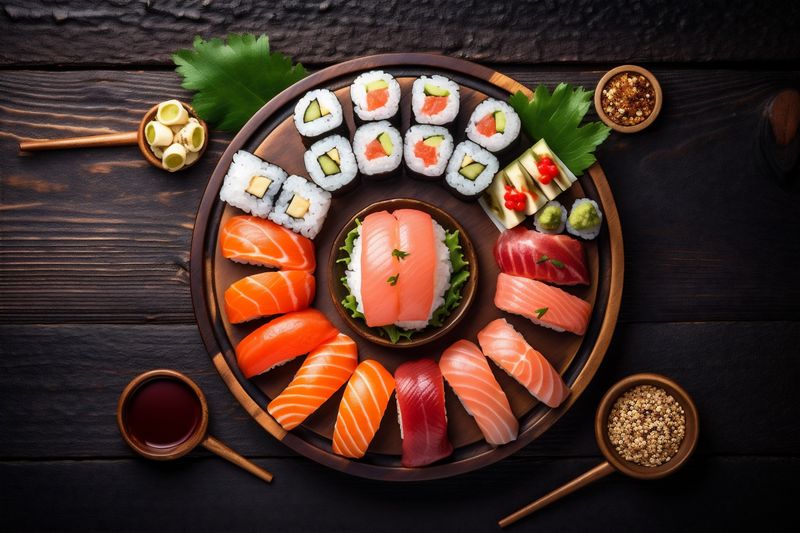 roll rice fresh fish healthy seafood asian sushi food japanese. Generative AI.