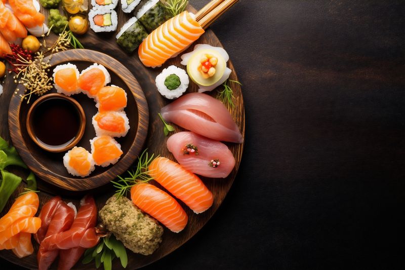 healthy fresh japanese sushi asian food roll rice fish seafood. Generative AI.