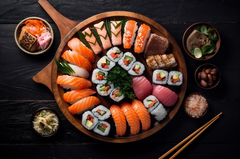 healthy food fresh fish seafood roll rice sushi asian japanese. Generative AI.