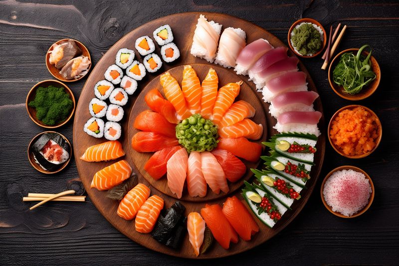 asian fish healthy seafood roll sushi rice japanese fresh food. Generative AI.