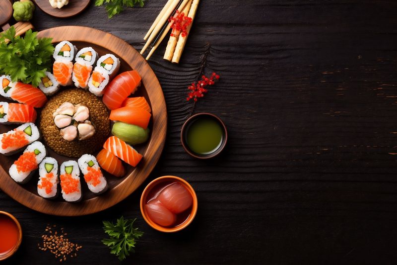 healthy sushi fish asian fresh rice food roll japanese seafood. Generative AI.