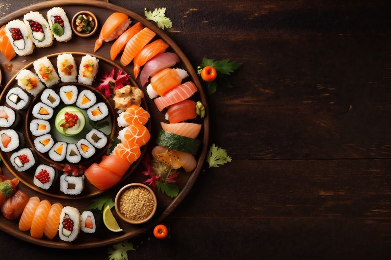 roll rice asian seafood fresh japanese healthy sushi food fish. Generative AI.