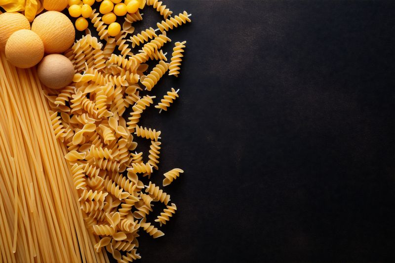 macaroni italian spaghetti ingredient uncooked pasta raw healthy background food dry. Generative AI.