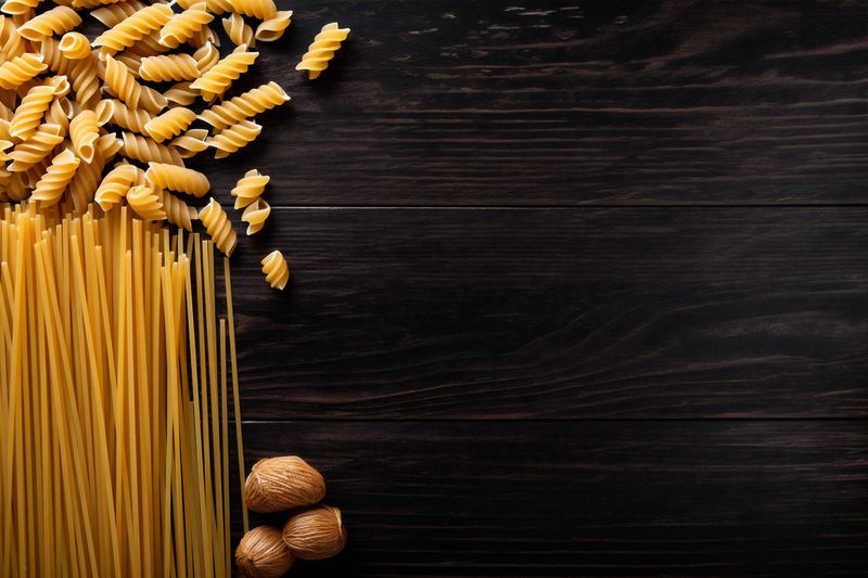 raw italian food pasta healthy cookery background macaroni ingredient spaghetti uncooked. Generative AI.