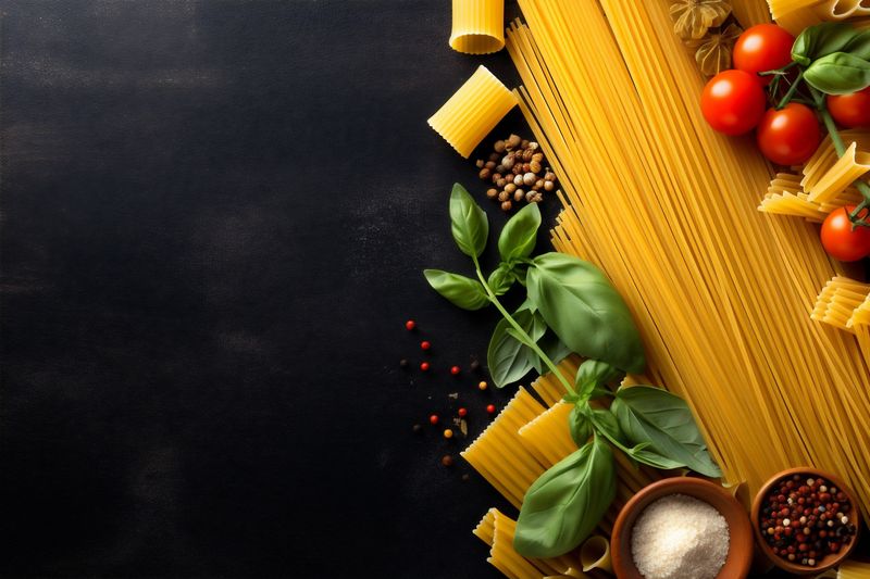 yellow pasta raw uncooked ingredient food background healthy macaroni italian spaghetti. Generative AI.