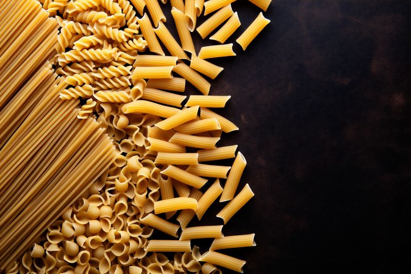 dry macaroni ingredient spaghetti uncooked pasta food italian raw background healthy. Generative AI.