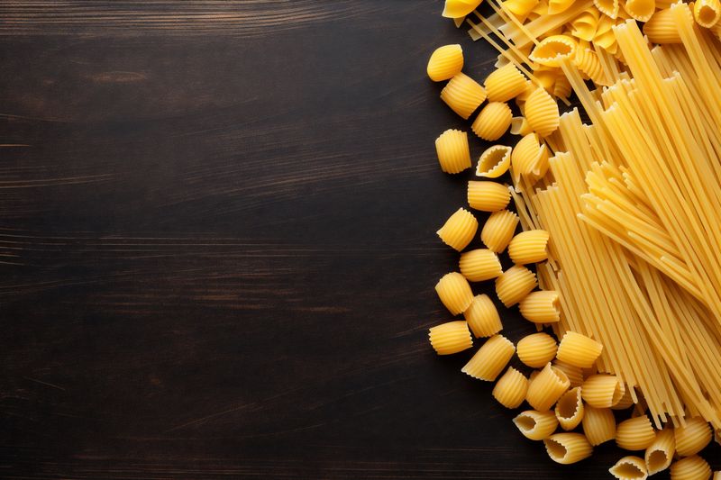 background uncooked raw macaroni food pasta healthy spaghetti italian ingredient tomato. Generative AI.