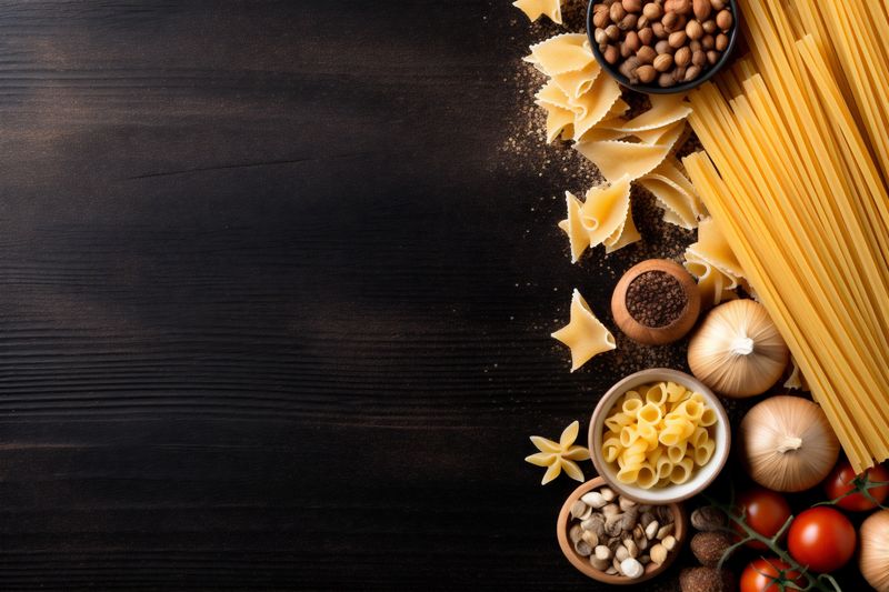 macaroni raw ingredient healthy yellow spaghetti uncooked food background italian pasta. Generative AI.