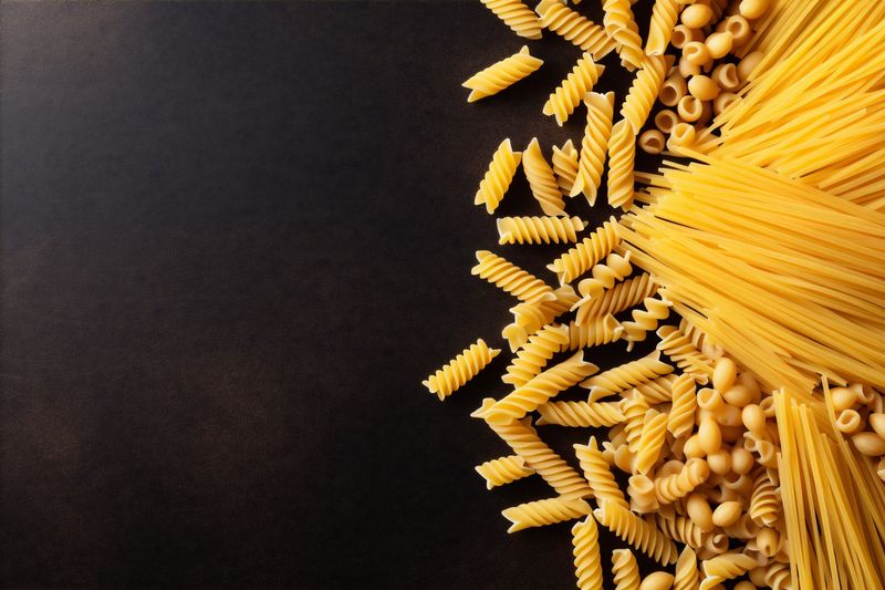 spaghetti pasta italian background food uncooked tomato macaroni raw healthy ingredient. Generative AI.