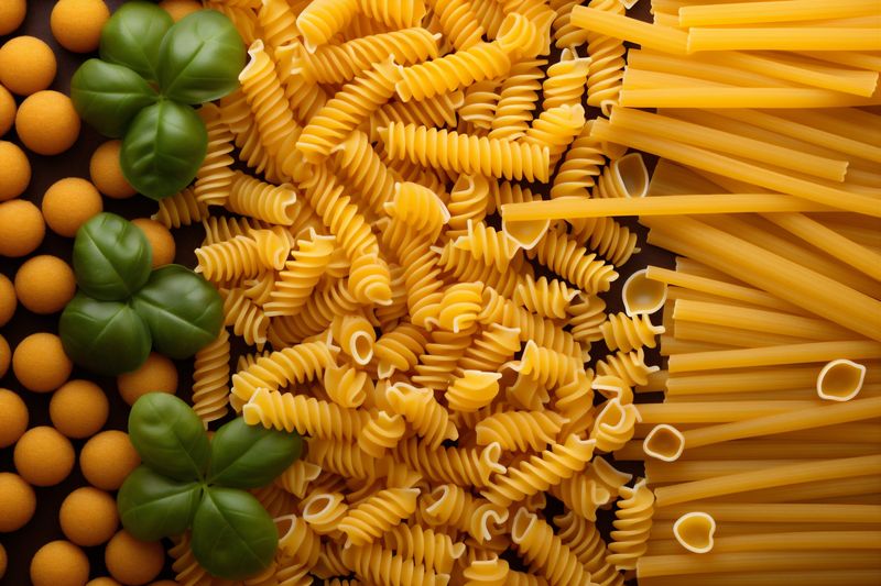 healthy uncooked pasta raw italian ingredient food spaghetti eat macaroni background. Generative AI.