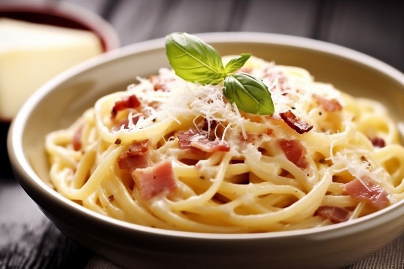 italian sauce carbonara meat spaghetti food pasta meal cheese bacon. Generative AI.