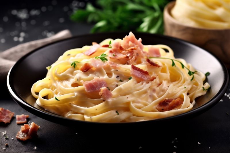 bacon cheese sauce meal carbonara food meat pasta spaghetti italian. Generative AI.
