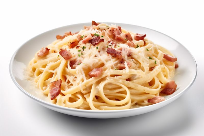 bacon meal carbonara italian pasta meat cheese spaghetti sauce food. Generative AI.